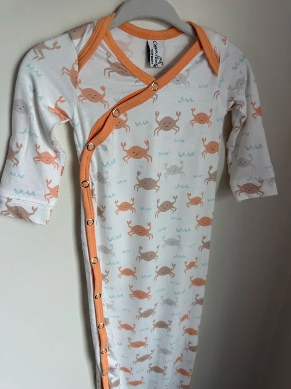 Copper Pearl Tide Knot Gown with Orange Crab Print Newborn